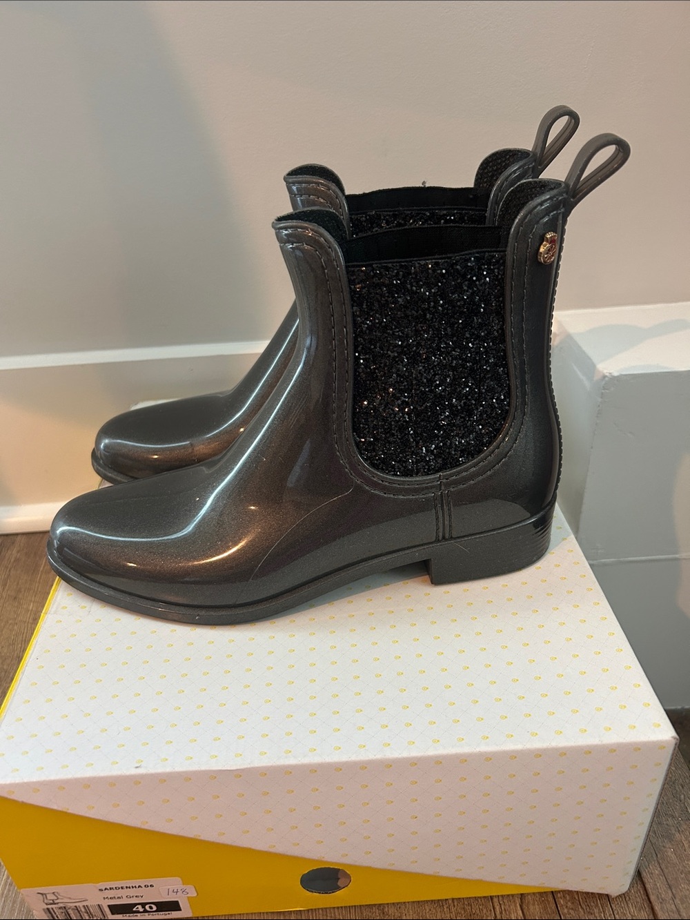 Gunmetal Sparkle Gloss Chelsea Rain Boot with Glitter Panels